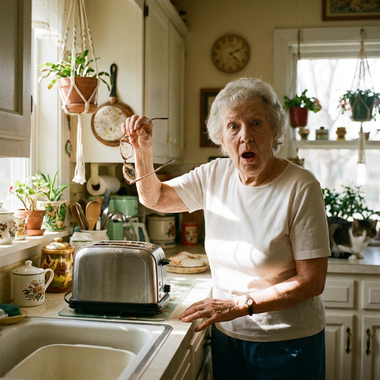 Ältere Dame in der Küche schaut verwundert auf eine Brille, die sie gerade an einem ungewöhnlichen Ort gefunden hat.