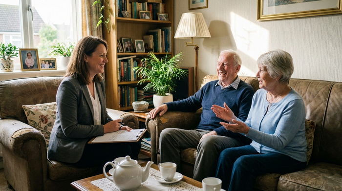 Freundliche Gutachterin sitzt mit Klemmbrett ohne lesbaren Text im Gespräch mit einem Seniorenpaar im heimischen Wohnzimmer.