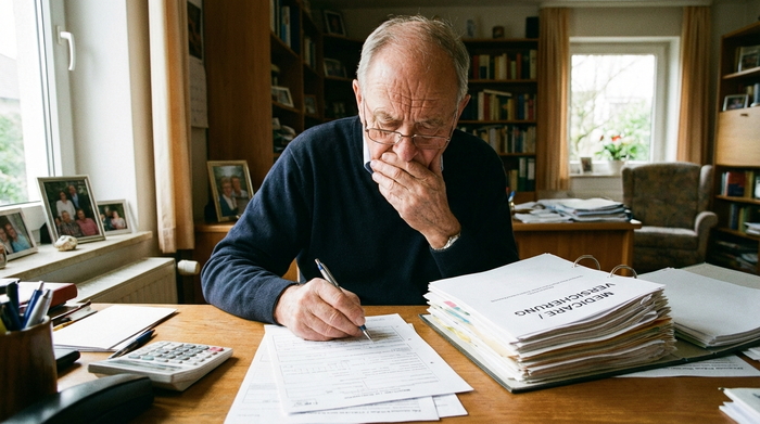 Angehöriger füllt konzentriert Formulare an einem Schreibtisch aus, neben ihm liegt ein Ordner.