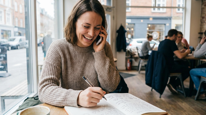 Person telefoniert freundlich mit einem Notizblock in der Hand, um Informationen aufzuschreiben.