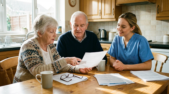 Seniorenpaar sitzt gemeinsam mit einer Pflegekraft am Tisch und bespricht Unterlagen.