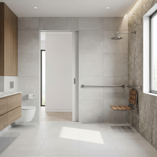 Modernes, barrierefreies Badezimmer mit ebenerdiger Dusche, Haltegriff und Duschklappsitz.