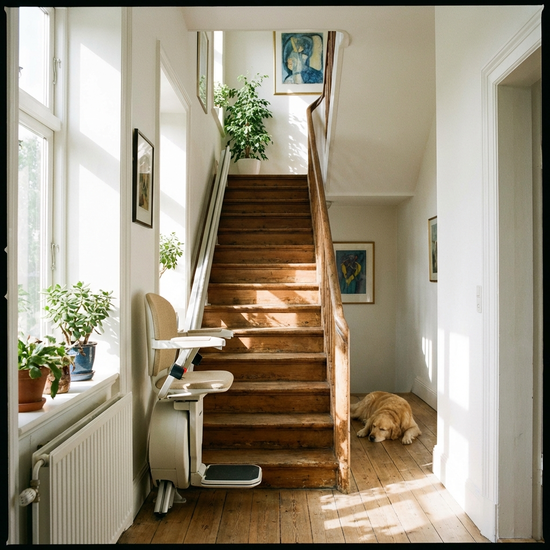 Treppenlift an einer geraden Holztreppe in einem hellen Flur.