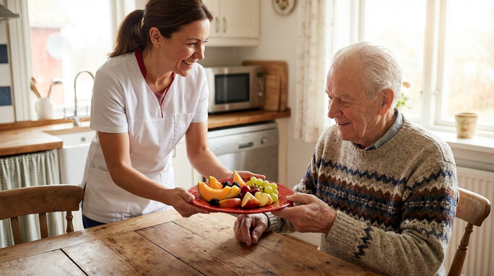 Pflegekraft reicht einem Senioren am Tisch einen roten Teller mit geschnittenem Obst.