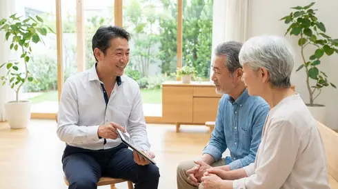 Freundlicher Arzt im Gespräch mit einem älteren Ehepaar in heller Praxisumgebung, erklärt Sachverhalte ruhig