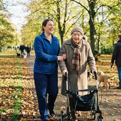 Pflegekraft und Seniorin beim gemeinsamen Spaziergang im Park