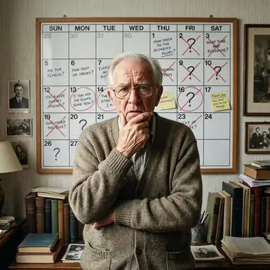 Senior steht nachdenklich vor einem Wandkalender und wirkt leicht verwirrt