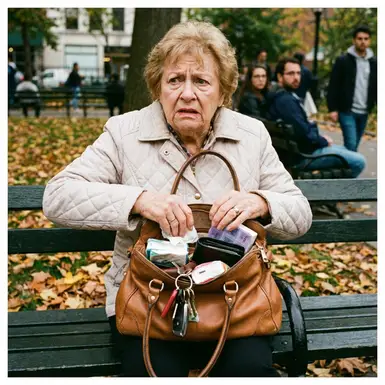 Ältere Dame sucht in ihrer Handtasche nach einem Gegenstand, wirkt unsicher