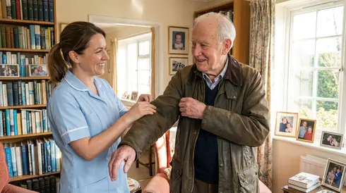 Pflegerin hilft älterem Herrn beim Anziehen der Jacke