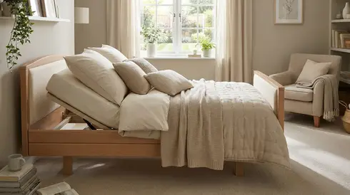 Pflegebett mit weichen Kissen und Decken in ruhigem Schlafzimmer