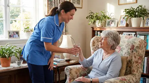 Pflegerin reicht Seniorin ein Glas Wasser mit Strohhalm