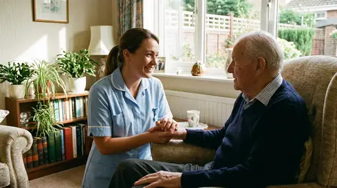 Pflegerin hält tröstend die Hand eines Senioren und lächelt ihn an
