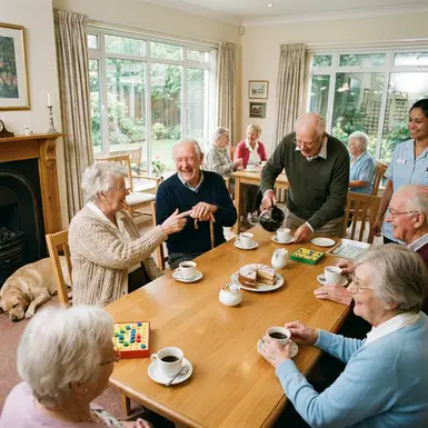 Senioren sitzen in geselliger Runde in der Tagespflege und unterhalten sich