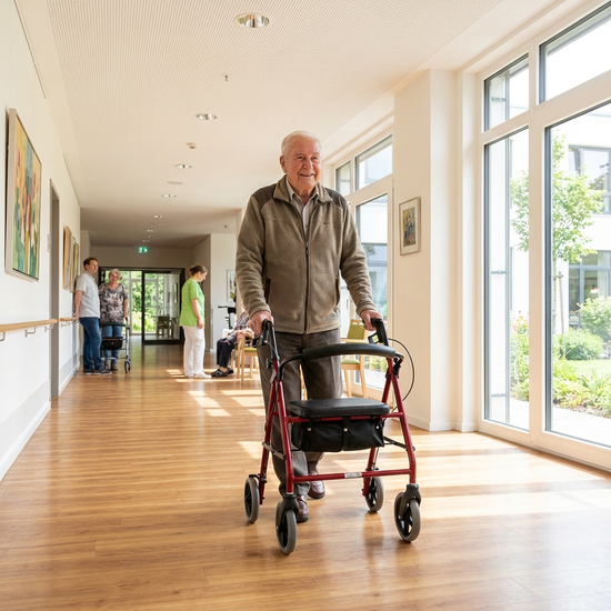Senior mit Rollator bewegt sich sicher durch einen breiten Flur