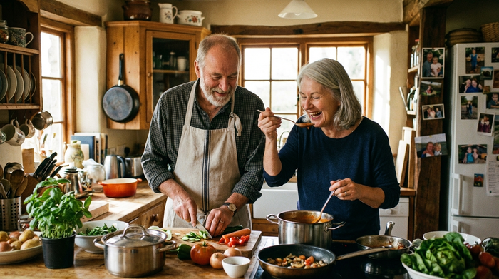 Älteres Ehepaar steht gemeinsam in der Küche und bereitet Essen zu