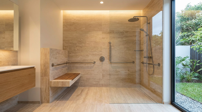 Modernes Badezimmer mit ebenerdiger Dusche, Duschsitz und Haltegriffen