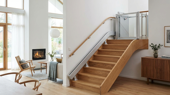 Moderner Treppenlift an einer Holztreppe in einem Wohnhaus