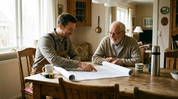 Freundlicher Handwerker im Gespräch mit einem älteren Herrn am Esstisch, Pläne liegen auf dem Tisch
