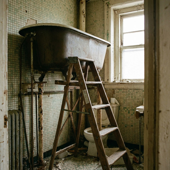 Altes Badezimmer mit hoher, schwer zugänglicher Badewanne und engen Fliesen