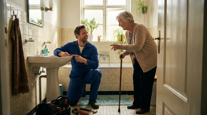 Freundlicher Handwerker im Gespräch mit Seniorin im Badezimmer