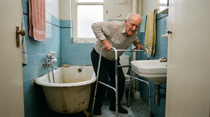 Senior mit Rollator im Badezimmer, der Schwierigkeiten hat, an der Wanne vorbeizukommen