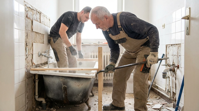 Handwerker entfernt vorsichtig die alte Badewanne