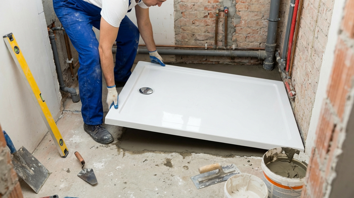 Einsetzen der neuen flachen Duschwanne auf den Rohboden