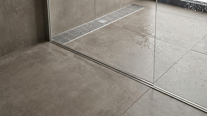 Nahaufnahme des flachen Einstiegs einer modernen Dusche, fast bodengleich