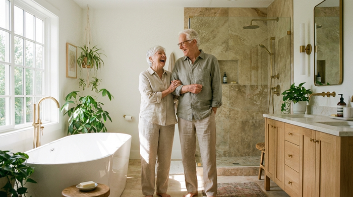 Glückliches Senioren-Ehepaar steht entspannt im renovierten Badezimmer