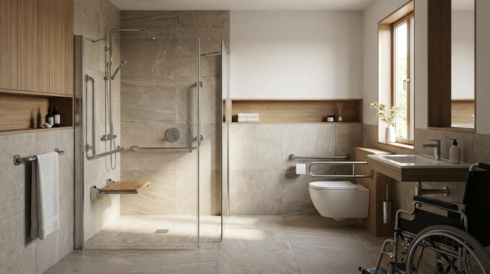 Modernes, barrierefreies Badezimmer mit Haltegriffen und Duschsitz