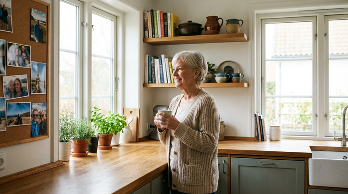 Seniorin steht lächelnd in ihrer Küche, die gut ausgeleuchtet und aufgeräumt ist, sie wirkt zufrieden und selbstständig