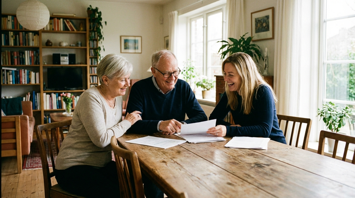 Älteres Ehepaar und eine jüngere Frau sitzen am Esstisch und schauen gemeinsam freundlich auf Unterlagen, eine entspannte Gesprächssituation