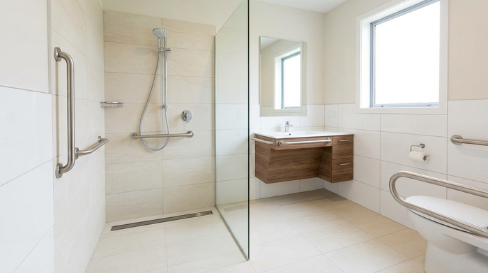 Modernes, barrierefreies Badezimmer mit einer bodengleichen Dusche, hellen Fliesen und Haltegriffen an der Wand