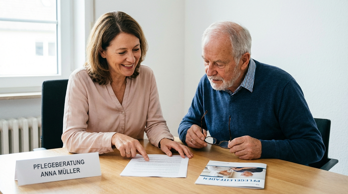 Eine freundliche Pflegeberaterin erklärt einem interessierten Senior ein Dokument, beide sitzen an einem Tisch, professionelle und hilfsbereite Atmosphäre