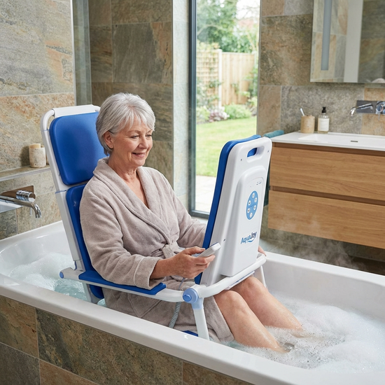 Seniorin nutzt sicher einen modernen Badewannenlift, der sanft ins Wasser gleitet