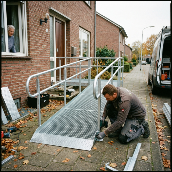 Handwerker installiert eine feste Rampe aus Metall im Eingangsbereich eines Hauses