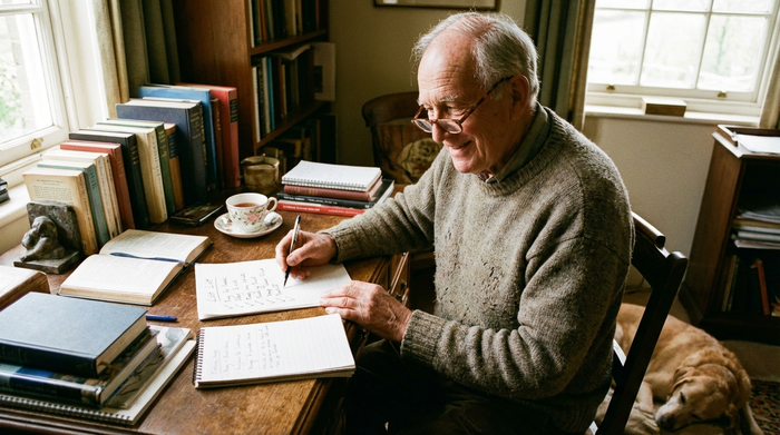 Ein älterer Mann hakt entspannt Punkte auf einer Liste ab, er sitzt am Schreibtisch, Lesebrille auf der Nase