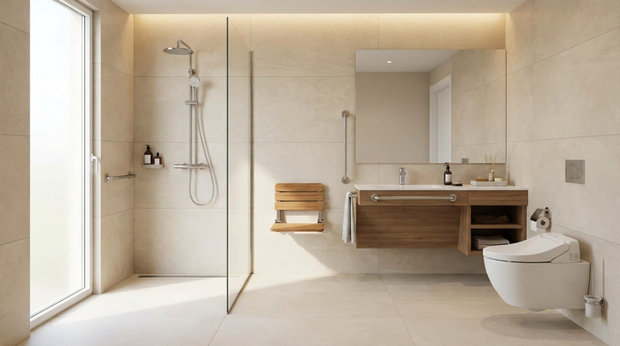 Modernes, barrierefreies Badezimmer mit ebenerdiger Dusche und hellen Fliesen