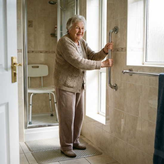 Seniorin hält sich sicher an einem stabilen Haltegriff im Bad fest