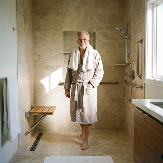 Senior betritt entspannt eine ebenerdige Dusche ohne Stolperkante