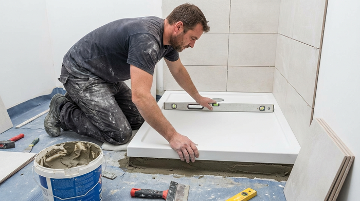 Neue flache Duschwanne wird fachgerecht eingesetzt