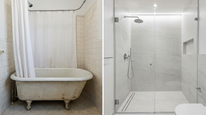 Fertige moderne Duschkabine anstelle der alten Badewanne