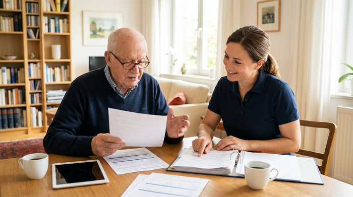 Senior und Pflegeberater sitzen gemeinsam am Tisch und besprechen Unterlagen