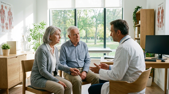 Älteres Ehepaar im Gespräch mit einem Arzt in einem hellen Besprechungszimmer, ernster aber vertrauensvoller Ausdruck