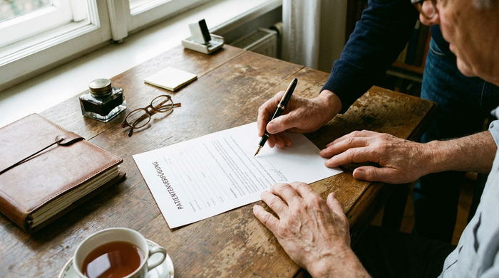 Hände unterzeichnen ein Dokument (Patientenverfügung) auf einem Schreibtisch