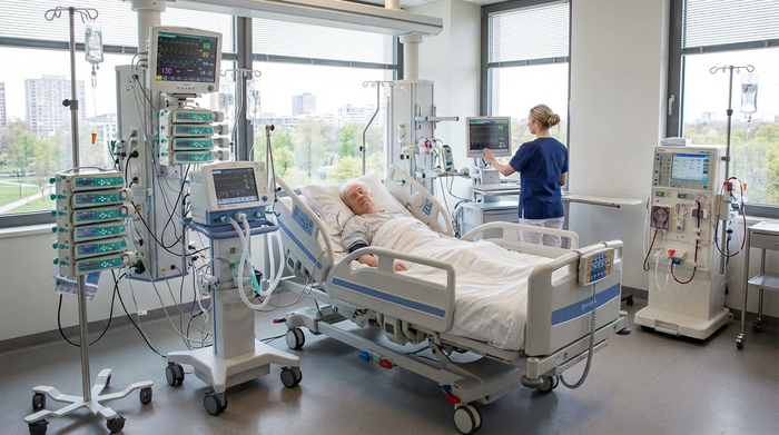 Krankenhauszimmer mit medizinischen Geräten und Pflegebett