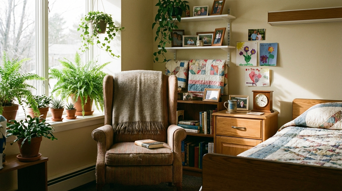 Gemütliches Hospiz-Zimmer mit Sessel, Pflanzen und persönlicher Dekoration