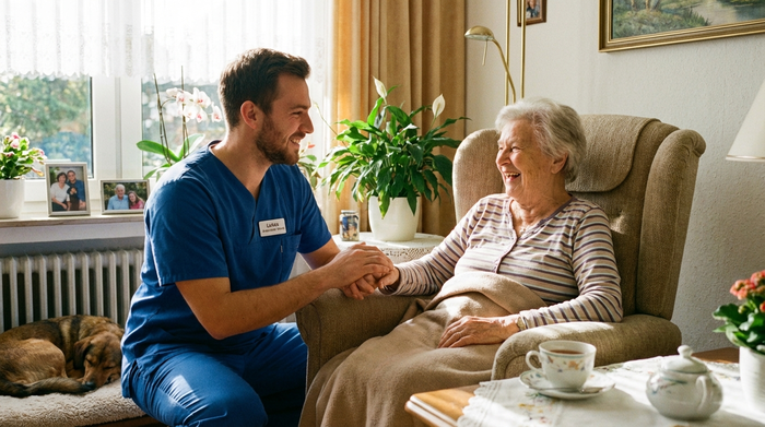 Pflegekraft besucht Senior zu Hause im Wohnzimmer, freundliche Atmosphäre