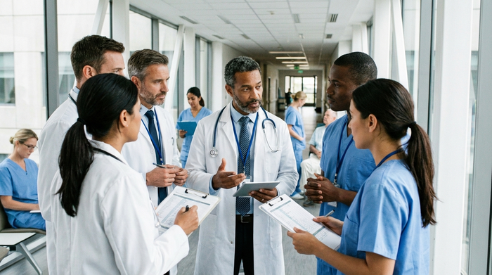 Ärzteteam bei einer Besprechung auf dem Krankenhausflur, professionelle Atmosphäre
