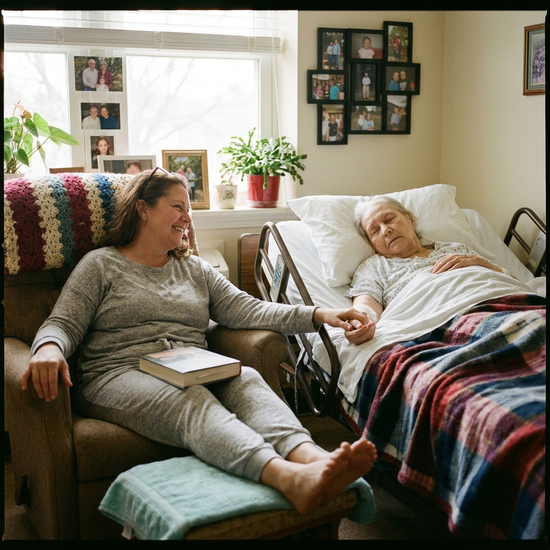 Angehörige sitzt entspannt am Bett des Patienten im Hospiz, hält Hand